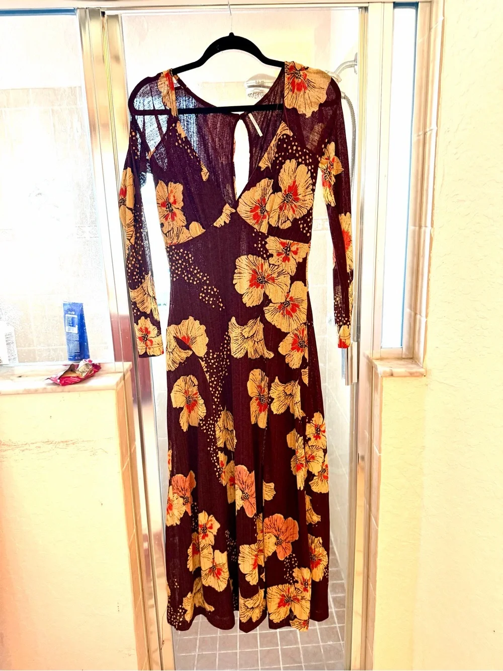 Free People Burgundy Floral Long Sleeve Maxi Dress Boho chic Sz m